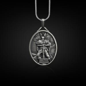 Thor with mjolnir pendant necklace in silver, Personalized norse mythology men necklace, Scandinavian jewelry for him