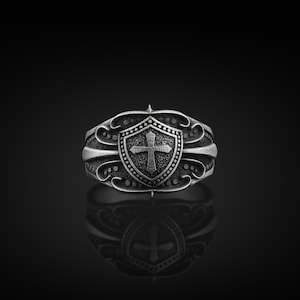 Cross in Shield Handmade Sterling Silver Men Ring, Christianity Symbol Cross Silver Ring, Cristian Cross Silver Men Jewelry, Ring for men
