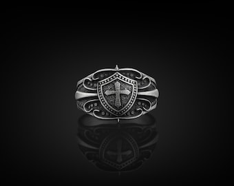 Cross in Shield Handmade Sterling Silver Men Ring, Christianity Symbol Cross Silver Ring, Cristian Cross Silver Men Jewelry, Ring for men