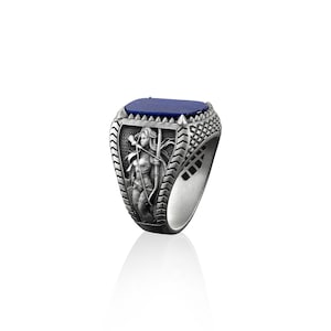 Elf Archer girls silver gemstone men ring with blue lapis stone, Lapis lazuli signet man ring in 925 sterling silver, Mythology mens jewelry