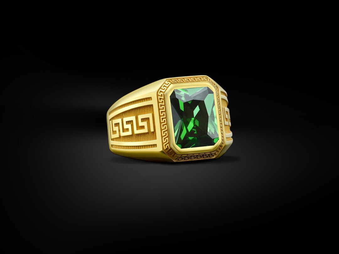 Green Emerald Stone 14k Gold Men Wedding Rings, Wedding Day Ring for ...