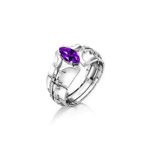 Extraordinary silver men ring with amethyst stone, Marquise cut amethyst futuristic ring in 925 silver, Unique mens amethyst ring for pinky