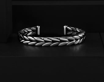 Sterling Silver Double Row Faceted Braided Wire Men's Cuff Bracelet, Handmade Luxury Gift Jewelry for Men