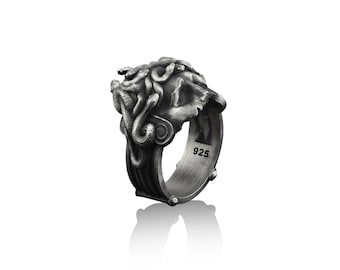 Wounded Medusa Handmade Sterling Silver Men Biker Ring, Greek Mythology Ring, Medusa Gothic Ring, Medusa Silver Men Jewelry, Ring for men