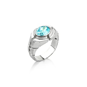 Blue topaz oval cut stone men engagement ring in sterling silver ,Emerald promise ring for men, Futuristic ring for dad, Aquamarine men ring