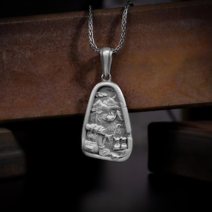 Traveller hiking silver necklace pendant for men or women, Rustic mountain hiking silver men gift pendant, Wanderlust hiking adventure charm
