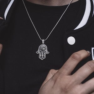 Boze oog hamsa-bedelketting voor mannen in sterlingzilver, hamsahand zilveren sieraden, boze oog hanger, christelijke ketting, Memorial mannen cadeau