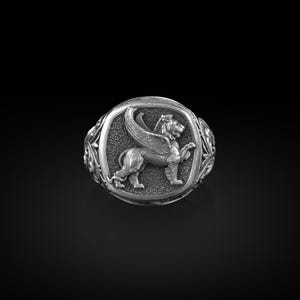 Gryphon Lion Square Signet Ring, Lion Bodied Eagle Headed Mythical Creature, Sterling Silver Mens Rings, Pinky Signet Rings for Women,