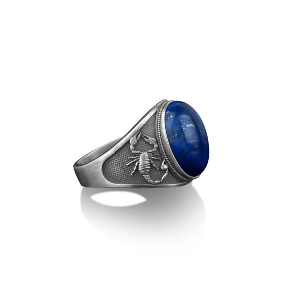Zodiac Scorpio Silver Men Ring With Lapis Lazuli Gemstone, Blue