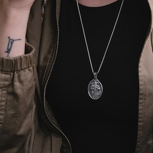 Viking warrior with raven pendant necklace in silver, Personalized norse mythology necklace for men, Fantasy necklace