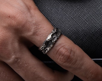 Unique Mountain Engraved  Rugged Rocky Texture Men's Band Ring, Personalized Wedding Gift Jewelry for Men
