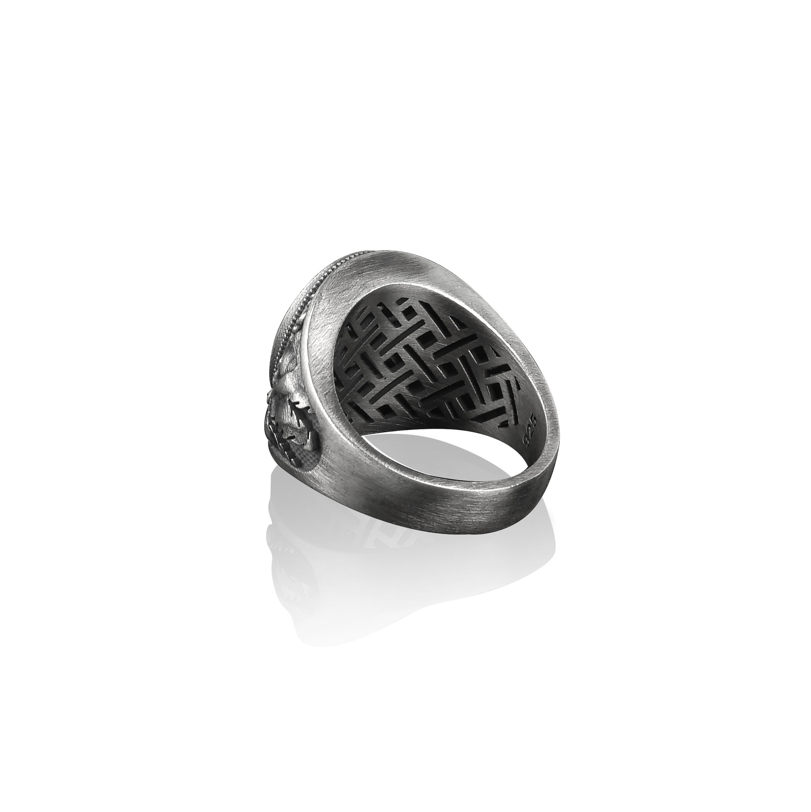 Men's Biker Skull Deer Head Ring - Sterling Silver Black Onyx Signet Ring, Handmade Gothic Jewelry Gift For Husband