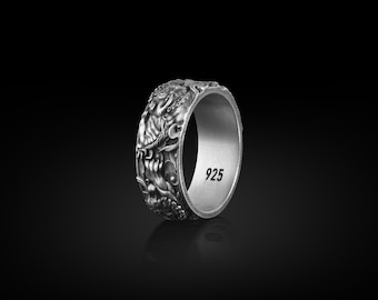 Chinese Tiger Band Ring for Men, Traditional Ornament Ring in Sterling Silver Ring, Ring for Men, Chinese Tiger Silver Jewelry, Ethnic Ring
