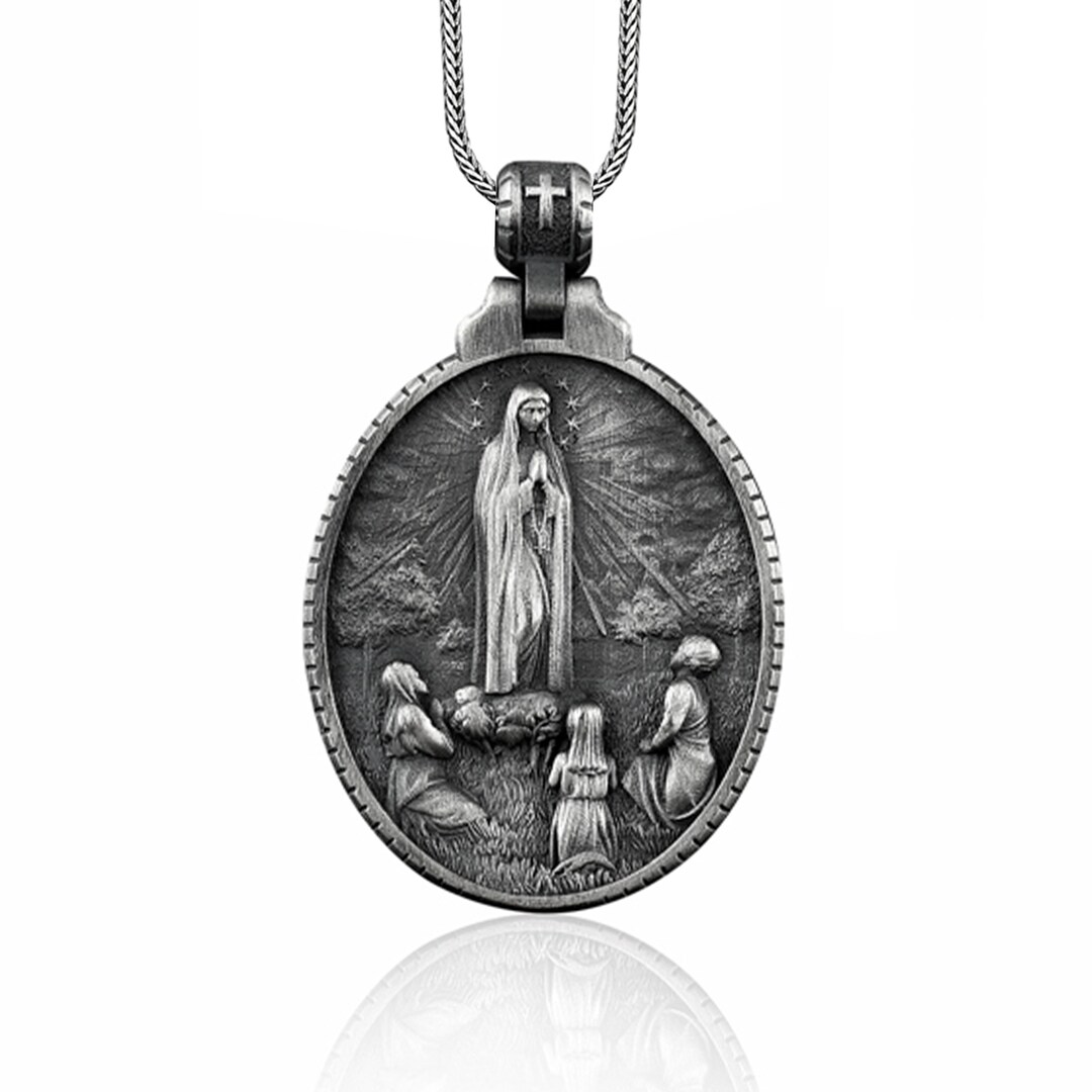 Our Lady Fatima Necklace for Men, Sterling Silver Our Lady of Virgin