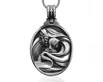 Sterling Silver Virgin Mary With Baby Jesus Mens Necklace, Solid Silver Jesus Madellion, Holy Mother and Baby Jesus Necklace, Christian Gift