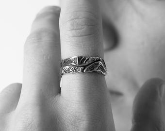 Personalized Sterling Silver Band Ring with Stone Texture Engraved, Natural Lover Luxury Gift Jewelry Rings