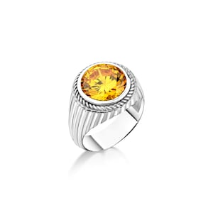Large citrine mens solitaire ring in silver, Yellow gemstone citrine statement ring for men, Unique mens fashion ring, Gemstone gift for dad