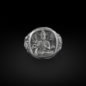 Abhayamudra Meditating Buddha, Sterling Silver Square Signet Ring, Hindu Jewelry, Pinky Rings for Women, Mens Signets, Gift for Spiritualist