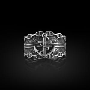 Anker Siegelring für Männer, handgemachter Sailor Ankerring, oxidierter Kapitän Ankerring, Anker mit Seilen, 925k Sterling Silber Ring für Männer
