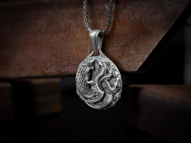Sterling Silver Fighting Dragon With Wolf Necklace Pendant, GOT Stark