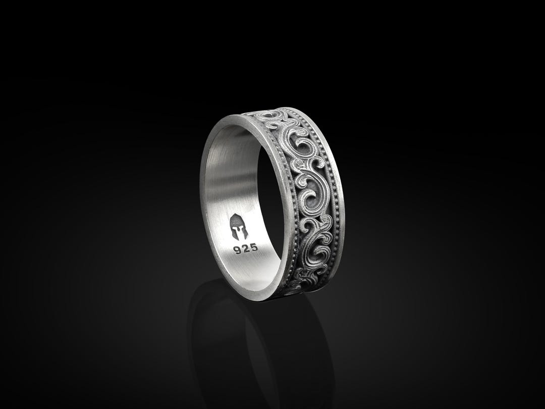 Men's Rings Leaf Pattern Victorian Leaf Motif Men Wedding Ring, Sterling Silver Vintage Baroque ...