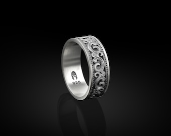 Victorian Leaf Motif Men Wedding Ring, Sterling Silver Vintage Baroque Men Engagement Ring, Men's Jewelry, Minimalist Ring, Groomsmen Gift
