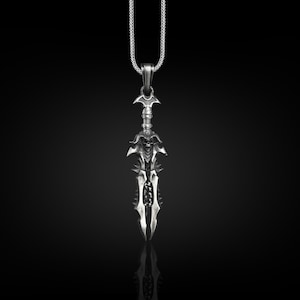 Gothic sword necklace with ram skull, Cyberpunk mens silver necklace for husband, Futuristic necklace for boyfriend