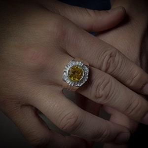 Pinky signet silver men ring with yellow stone, Sterling silver yellow citrine wedding ring, Yellow citrine and CZ mens cocktail ring