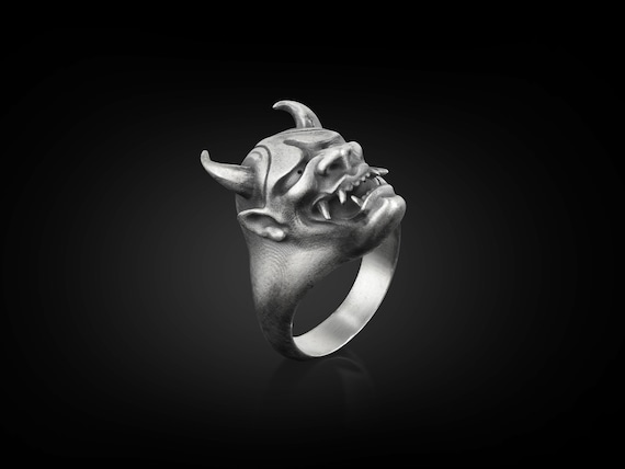 BySilverStone Oxidized Sterling Silver Hannya Men's Ring - Gothic Demon Oni Skull Ring, Handcrafted, Size 5-15 - View #7
