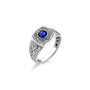 Square cut blue sapphire ring in 925 sterling silver, Big blue stone ring for dad, Cool mens sapphire ring for statement