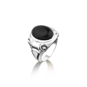 Cyberpunk 925 silver ring with oval black onyx, Black stone ring for boyfriend, Unique mens onyx ring for husband
