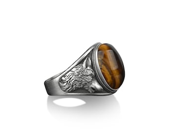 Anillo de sello con cabeza de lobo aullando en plata de ley 925, Anillo de piedras preciosas de ojo de tigre para hombre, Anillo de lobo salvaje para él, Anillo de animal hecho a mano, Anillo de hombre