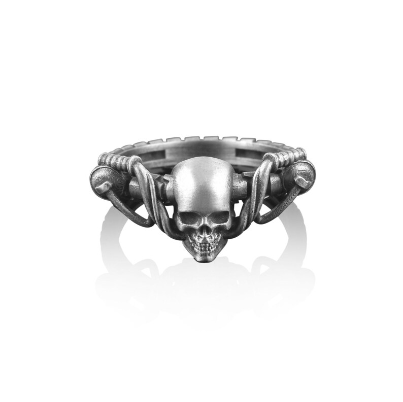 Silver Biker Skull Ring, Men Silver Skull Ring, Men Silver Gift Rings, Pinky Silver Biker Ring, Oxidized Silver Biker Ring, Gift for Him image 3
