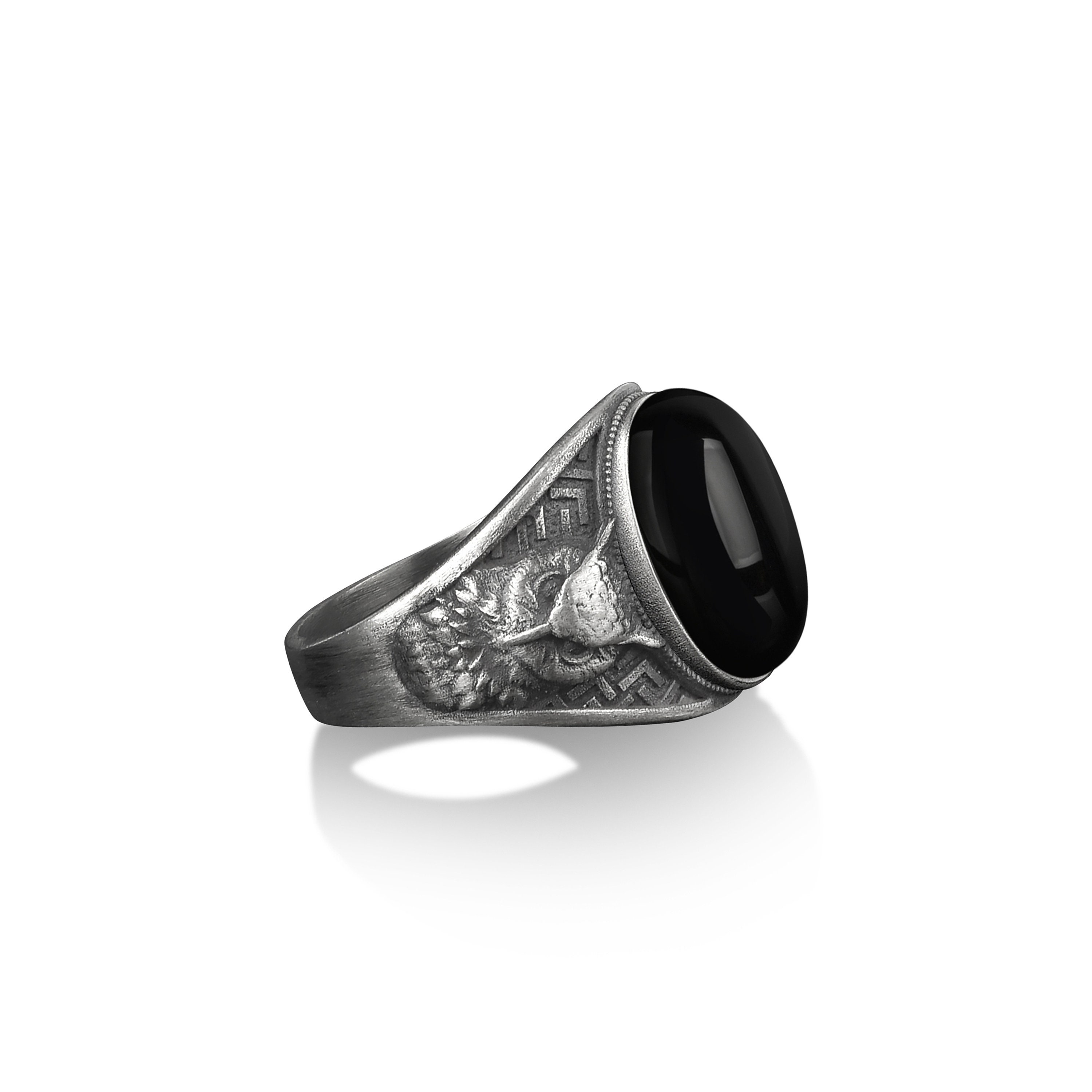 Owl on the side black onyx gemstone signet ring, Sterling silver pinky rings for women, Engraved men