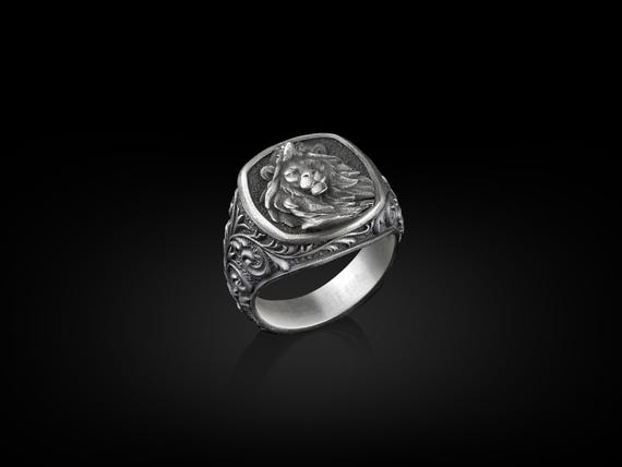 BySilverStone Handmade Lion Signet Ring - Sterling Silver 3D Lion Head Ring For Men, Zodiac Leo Gift