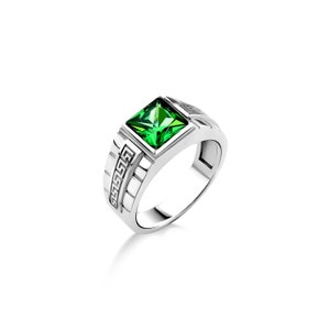 Emerald stone stone signet men ring in sterling silver, Engraved green emerald stone stone pinky men ring, Male promise ring, Mens gift ring