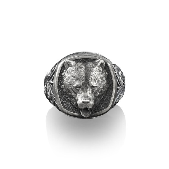 Grizzly Bear Signet Ring for Men in Sterling Silver Viking Bear