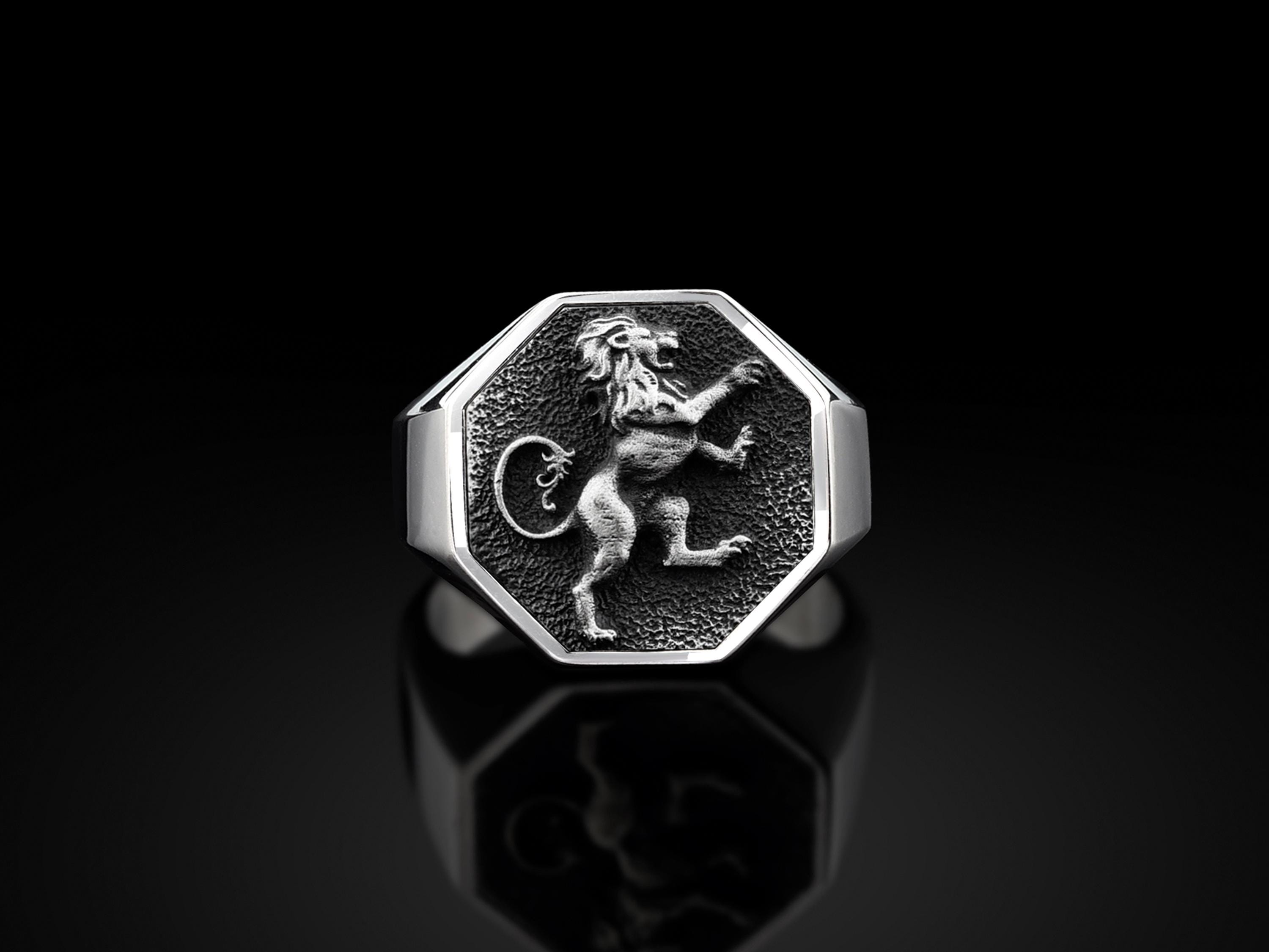 Sterling Silver Rampant Lion Signet Mens Ring, Handmade Lion