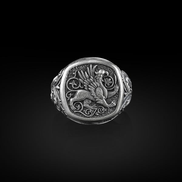 Griffin Square Signet Ring, Gryphon The Lion Bodied Eagle Headed Mythical Creature, Sterling Silver Mens Rings, Pinky Signet Rings for Women