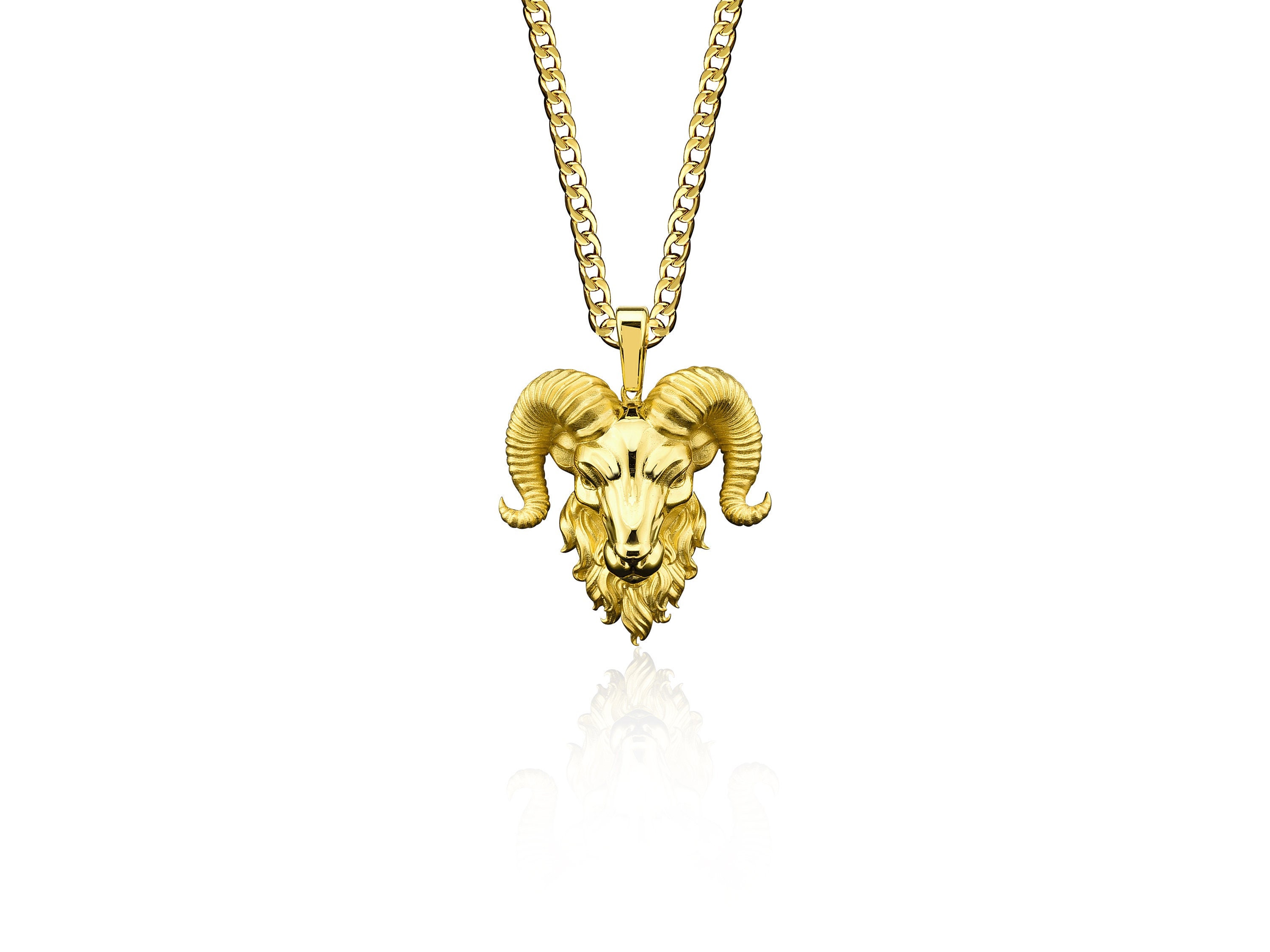 Solid Gold Aries Ram Head Mens Necklace 