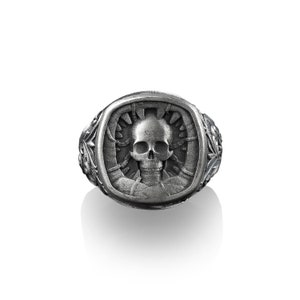 Skull Signet Ring Sterling Silver Square Signet Ring for Men for Women Long Distance Relationship Gift for Boyfriend Chunky Biker Ring