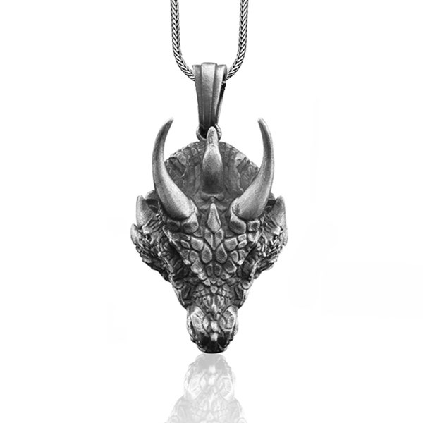 Drachen handgemachte Silber Halskette, 3D Drachenkopf Silber Männer Schmuck, 3D Drachen Sterling Silber Anhänger, 3D Drachen Geschenk, Mythologie Silber Geschenk