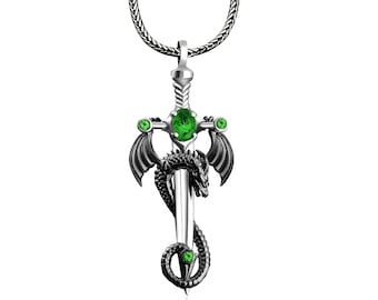 Men Dragon Necklace, Unisex Silver Sword Pendant, Silver Warrior Jewelry, Men Silver Accessory Gift, Sword Necklace, Dragon Silver Pendant