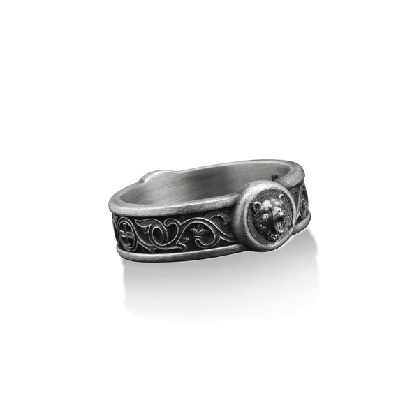 Bague pour homme en argent sterling faite main avec motifs ours en colère et lys, alliance en argent, bague motard empilable, bague animal, cadeau d'anniversaire