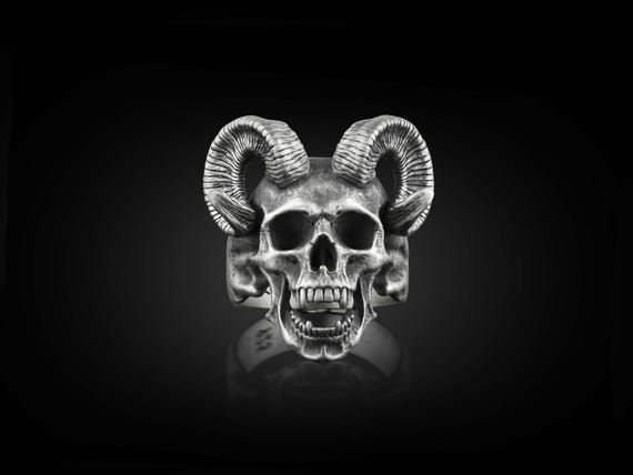 【STING925】 Ram Skull Simple Ring Demon Skull Ring in Sterling Silver, Ram Skull With Horns