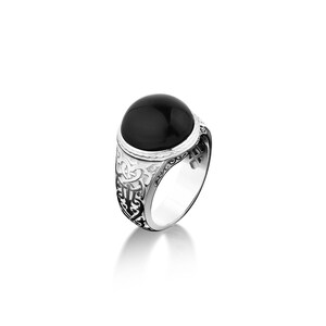 Anillo vintage de plata 925 Signet con ónix negro para hombre, Anillo de ónix negro con motivo victoriano grabado. Anillo grande de piedras preciosas hecho a mano
