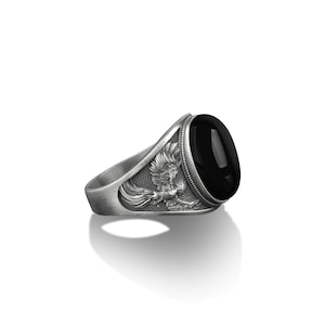 Winged phoenix silver signet men's ring, Oxidized silver black onyx signet man ring, Signet phoenix men ring, Husband silver onyx gift rings
