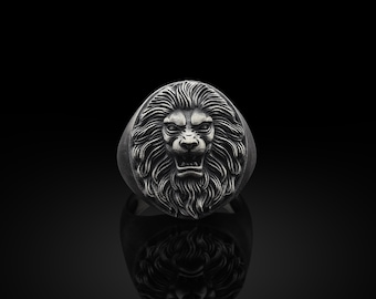Solid Silver Lion Signet Man Ring, Large Lion Ring, Mens Lion Jewelry, Lion Head Ring, African Lion Men Jewelry, Husband Chirstmas Gift Ring