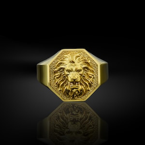 Pinky gold men ring, Signet lion ring for men in 14k gold, Zodiac leo gold ring jewelry, 10k weddşng day gold men ring, Birthday gold gift