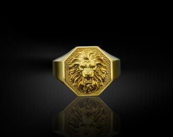 Pinky gold men ring, Signet lion ring for men in 14k gold, Zodiac leo gold ring jewelry, 10k weddşng day gold men ring, Birthday gold gift